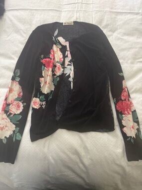 Blumarine Black Cardigan with Pink and Cream Floral Print.Sheer lace side detail